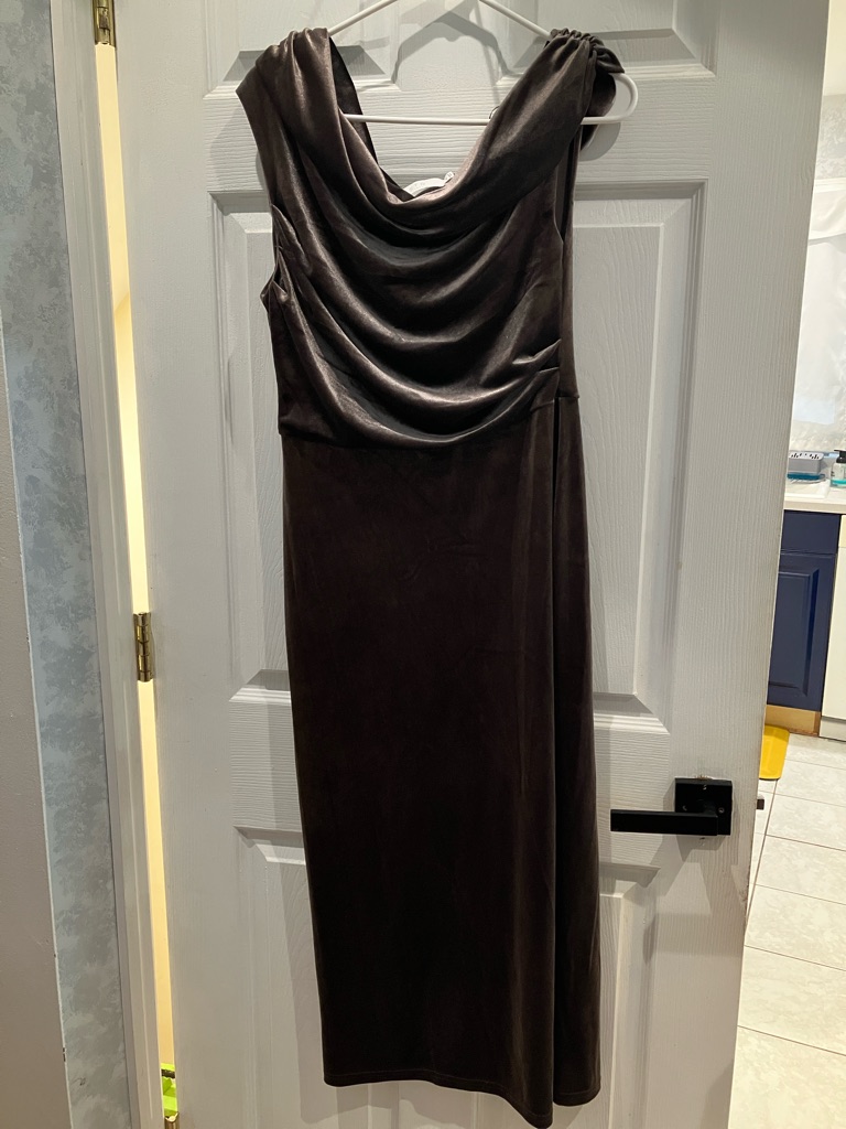Astr Draped Cowl Neck Velvet Midi Dress In Dark Brown